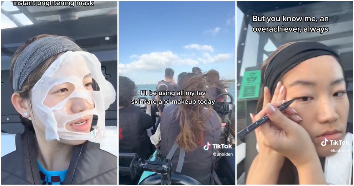 新加坡tiktok用戶在快艇上美甲全臉妝(包括眼線)