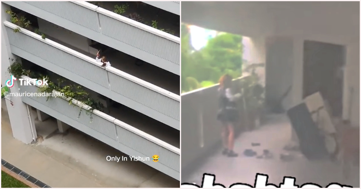 新加坡女子將鞋子扔下義順街區，一隻右腳掉進垃圾桶(視頻)