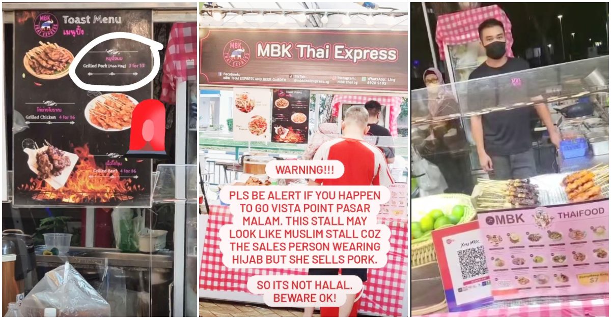 穆斯林可以賣豬肉嗎？-新加坡男子猛烈抨擊-woodlands-pasar-malam-攤位與戴頭巾的婦女賣豬肉沙爹